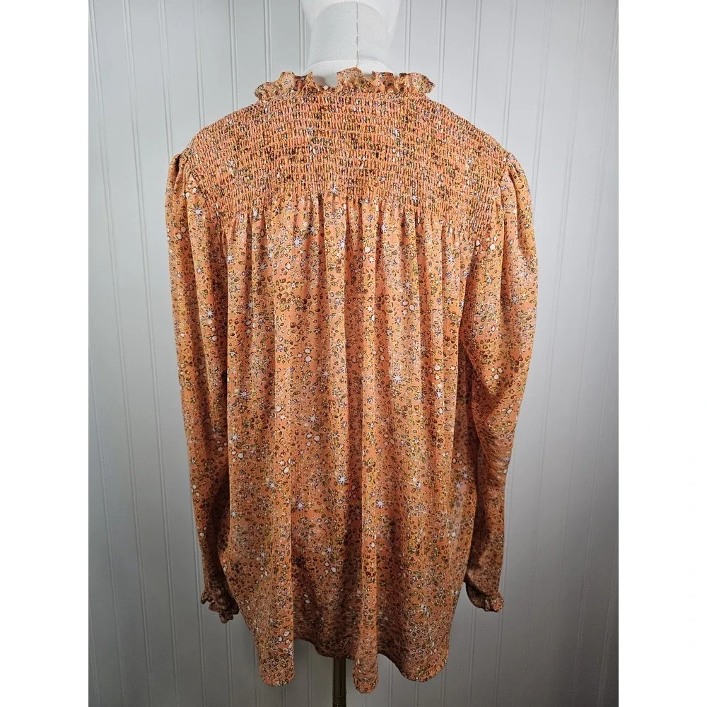 Free People Lela Smocked Ruffle Floral Blouse M Coral Boho Hippie Lightweight